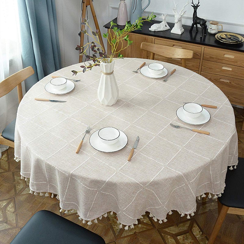Dimatic Heavy Weight Cotton Linen Tablecloth, Plaid Tassel Round Table Cover for Kitchen Dining Room Tabletop Decorations, Round - 70", Beige - Image 3